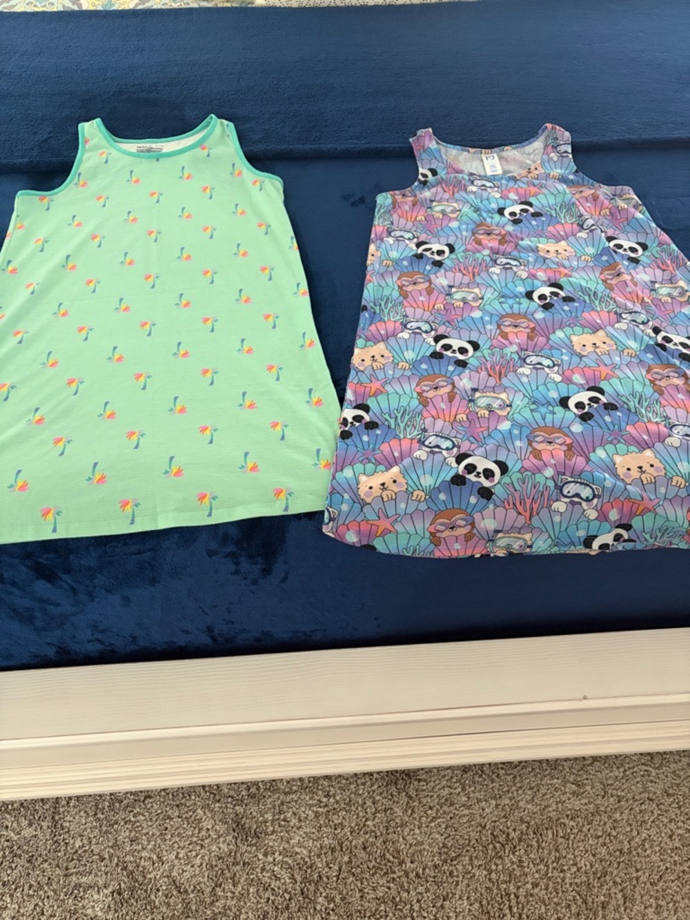 Kids Sleeveless Nightgown Dress - Mint Green and Multicolor Animal Print